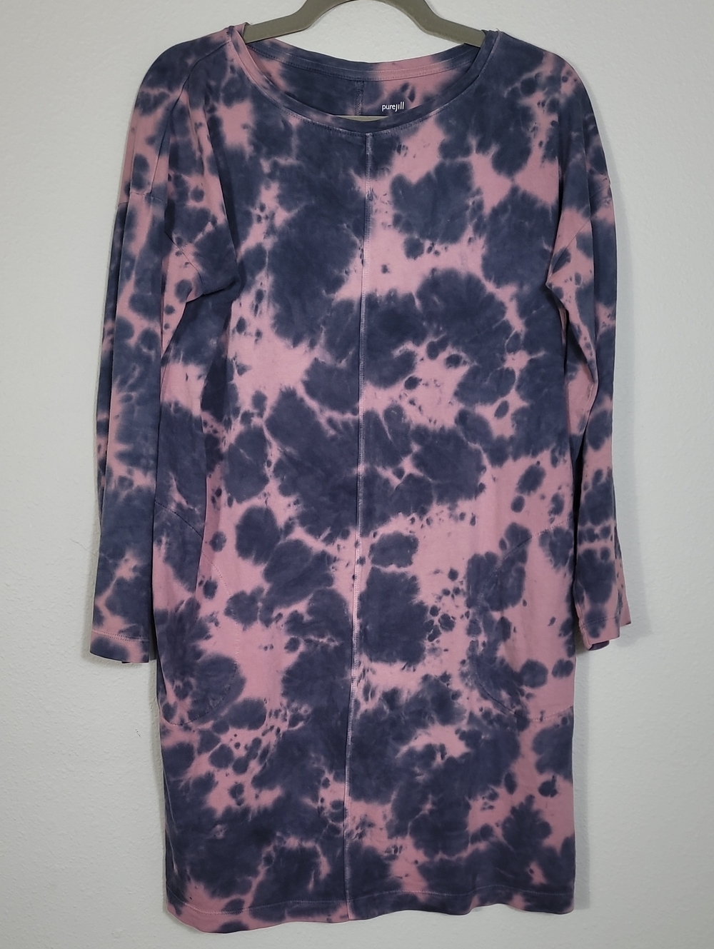 J Jill Tie Dye Knit Dress Size Medium Purple Pink Cotton Pocket Cozy Travel
